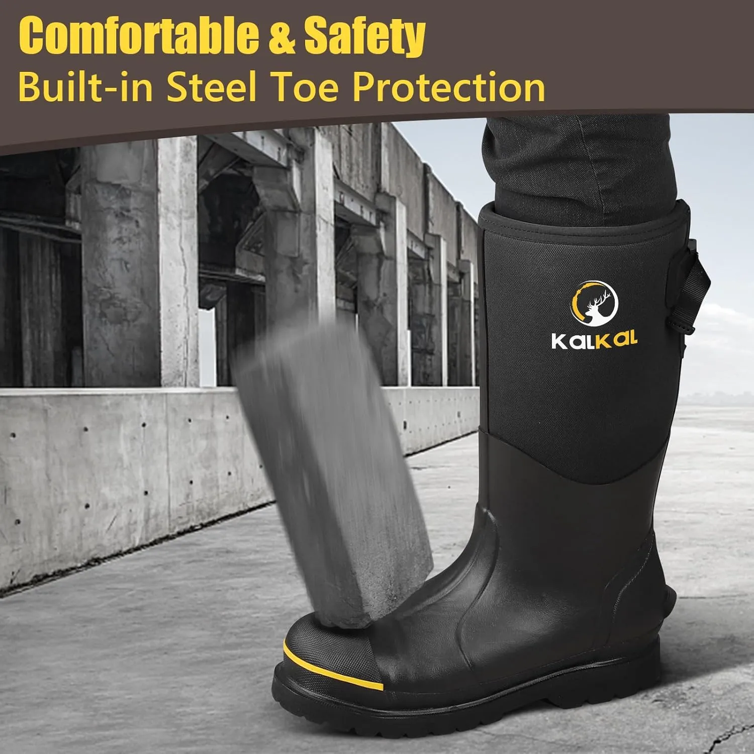 Kalkal Steel Toe Rubber Boots for Men - Waterproof Anti Slip Work Boots 6mm Neoprene Rain Boot Durable Hunting Boots with Steel Shank for Farming Gardening Construction Outdoor Work Size 5-14