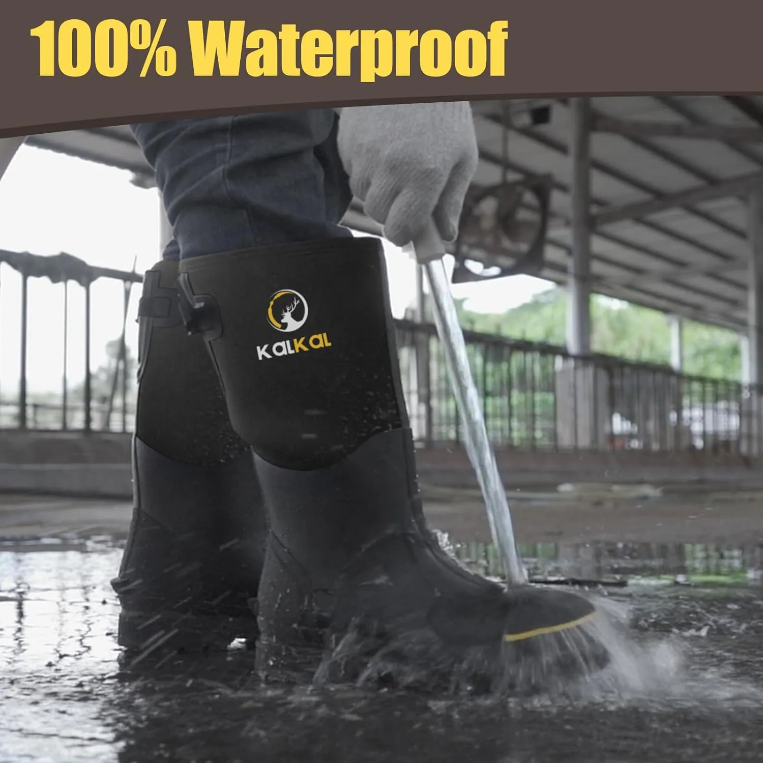 Kalkal Steel Toe Rubber Boots for Men - Waterproof Anti Slip Work Boots 6mm Neoprene Rain Boot Durable Hunting Boots with Steel Shank for Farming Gardening Construction Outdoor Work Size 5-14