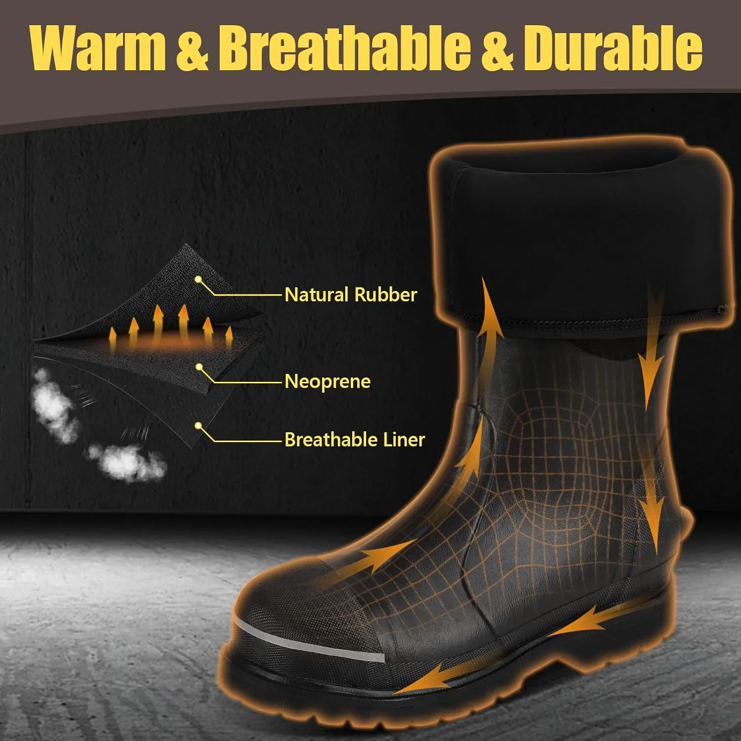 Kalkal Steel Toe Rubber Boots for Men - Waterproof Anti Slip Work Boots 6mm Neoprene Rain Boot Durable Hunting Boots with Steel Shank for Farming Gardening Construction Outdoor Work Size 5-14