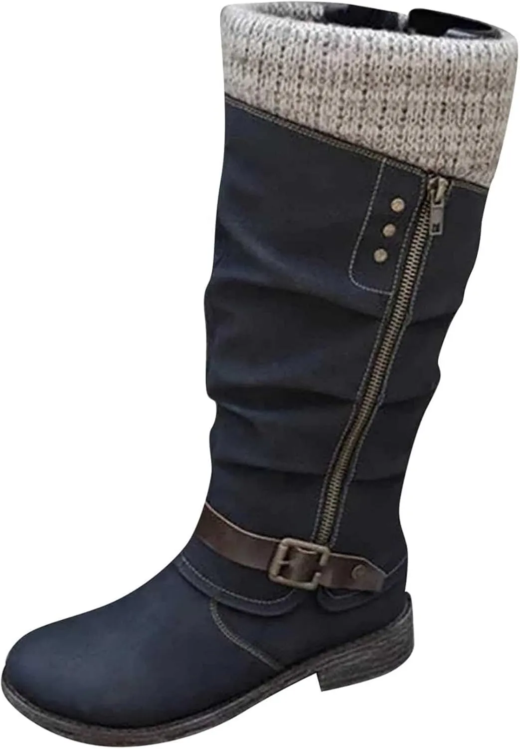 oiangi Mid Calf Boots for Women Fashion Round Toe Zipper Strap Buckle Square Heel Cowboy Riding Boots Comfortable Casual Warm Knee Western Boots Shoes
