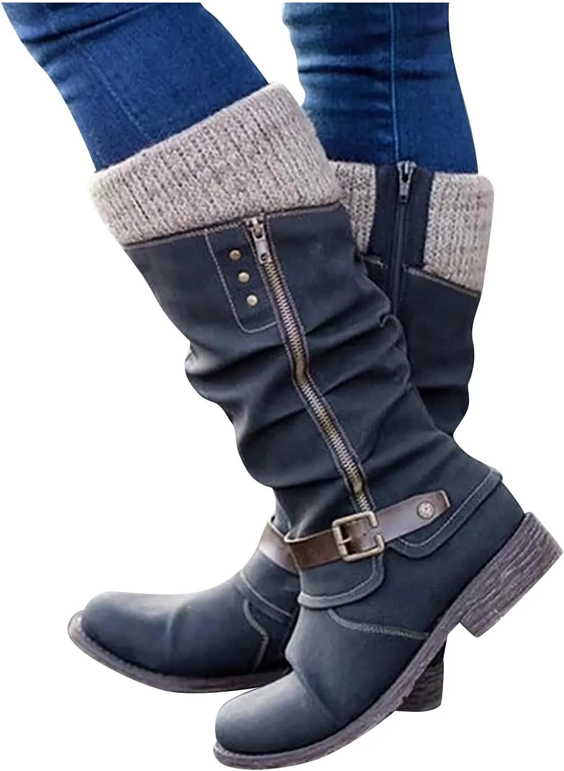 oiangi Mid Calf Boots for Women Fashion Round Toe Zipper Strap Buckle Square Heel Cowboy Riding Boots Comfortable Casual Warm Knee Western Boots Shoes