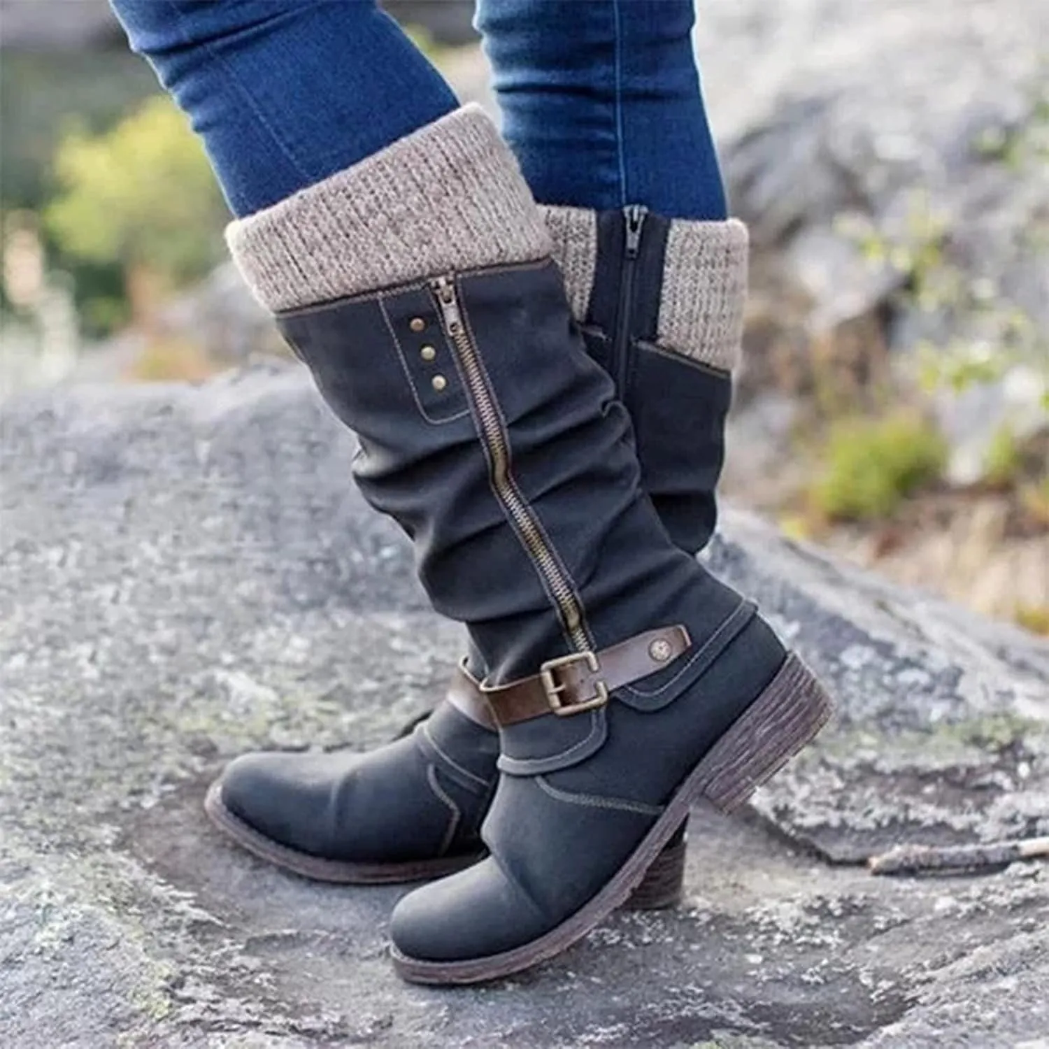 oiangi Mid Calf Boots for Women Fashion Round Toe Zipper Strap Buckle Square Heel Cowboy Riding Boots Comfortable Casual Warm Knee Western Boots Shoes