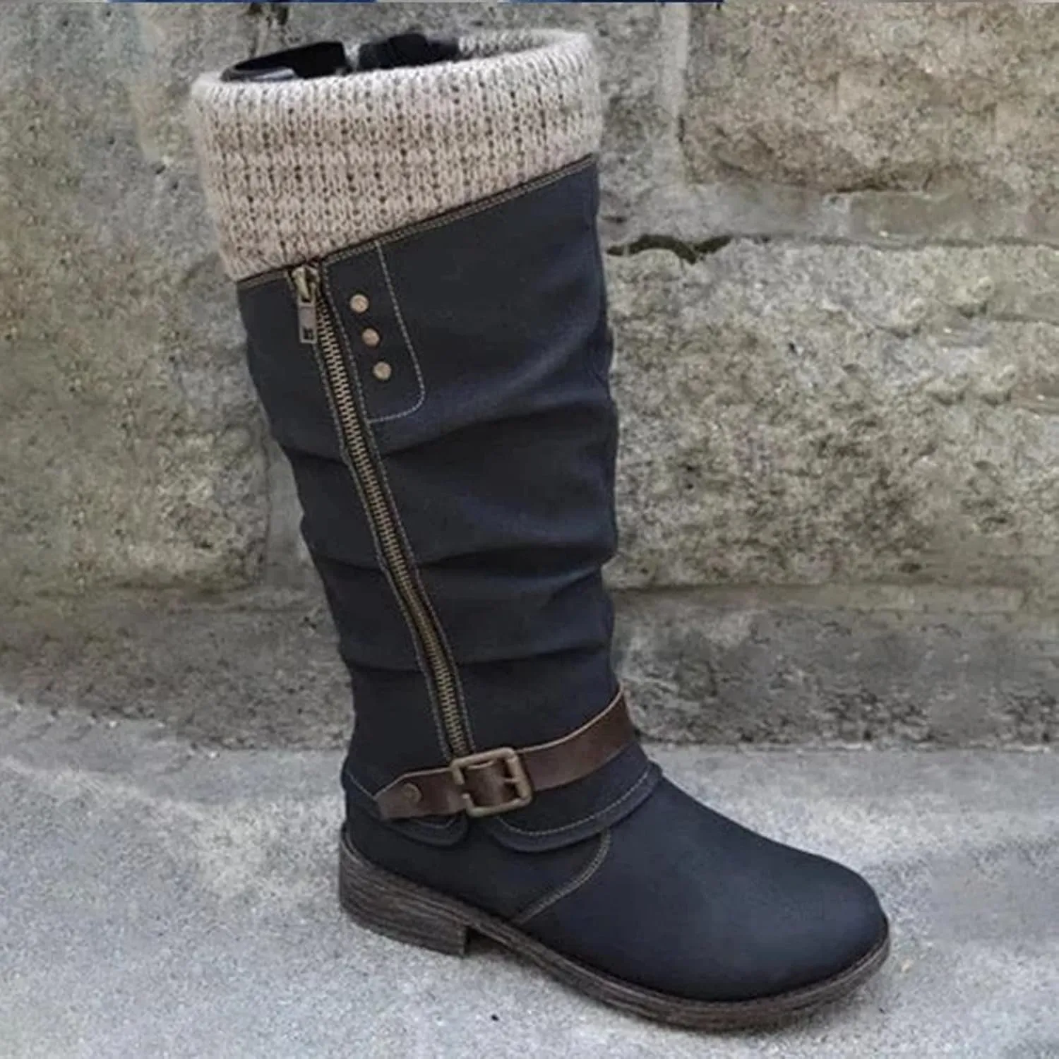 oiangi Mid Calf Boots for Women Fashion Round Toe Zipper Strap Buckle Square Heel Cowboy Riding Boots Comfortable Casual Warm Knee Western Boots Shoes