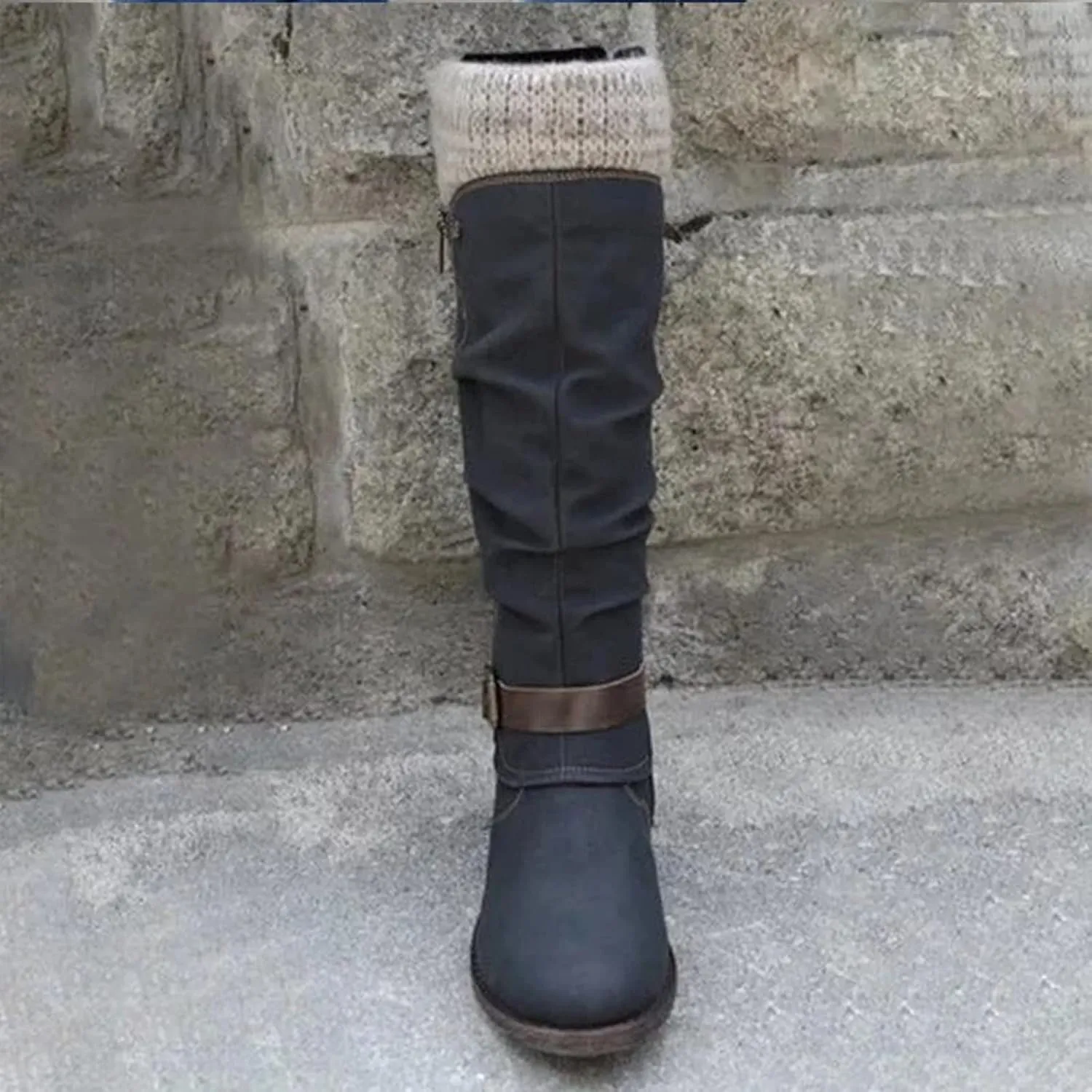 oiangi Mid Calf Boots for Women Fashion Round Toe Zipper Strap Buckle Square Heel Cowboy Riding Boots Comfortable Casual Warm Knee Western Boots Shoes