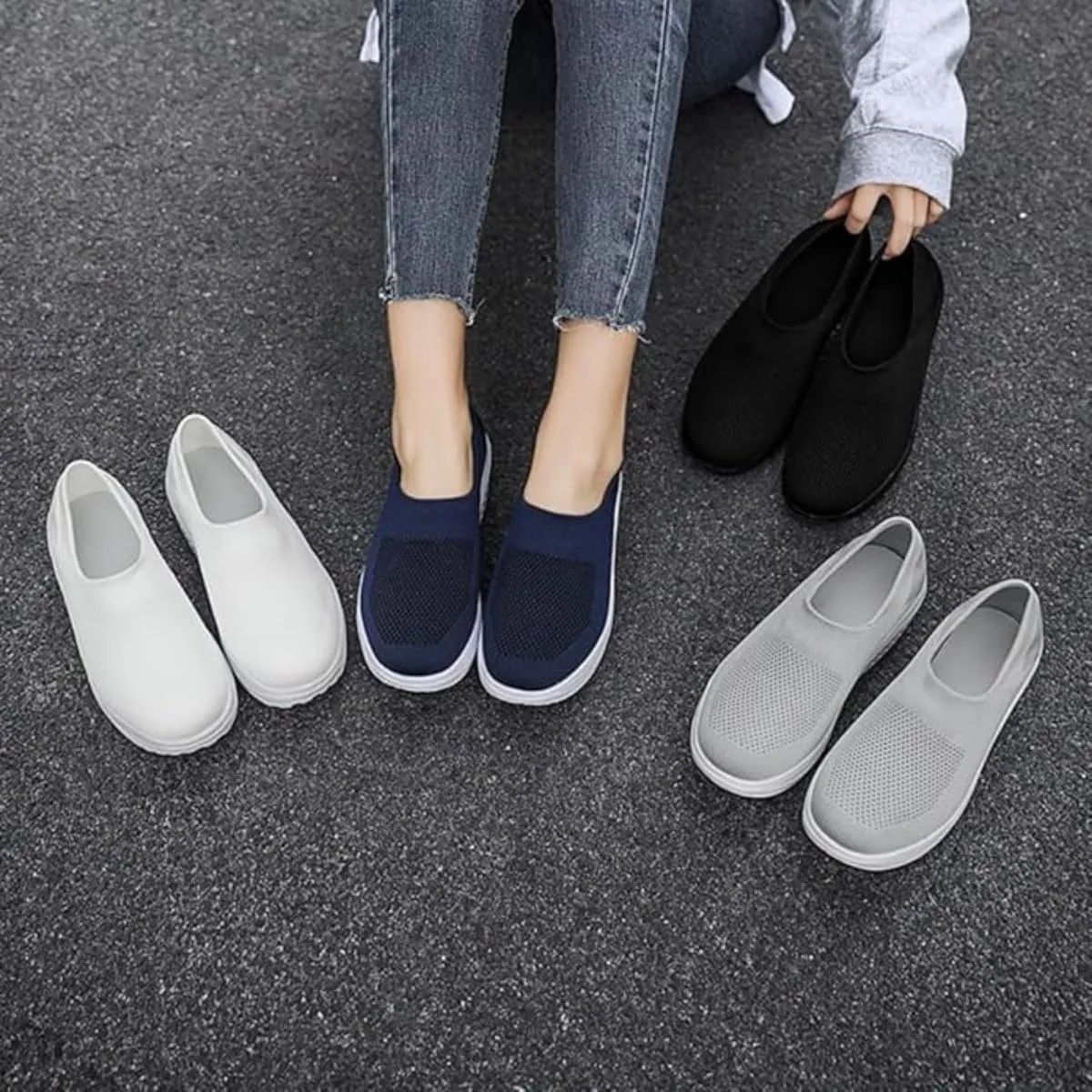 Orthopedic Shoes for Women Wide Fit, Rocker Bottom Shoes Slip-On Mesh Up Stretch Platform Orthopedic Sneakers Comfortable Walking Loafers