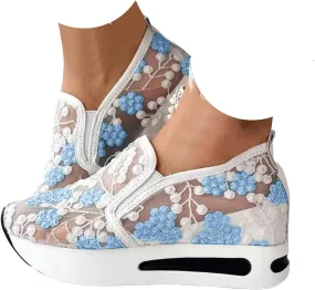 Platform Sneakers for Women Wide Width, Women Breathable Mesh Walking Shoes with Arch Support Slip On Orthopedic Sneakers Casual Comfortable Work Shoes