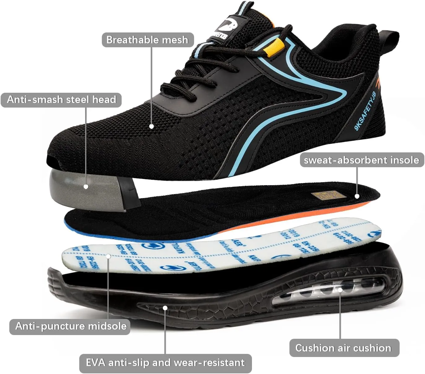 Steel Toe Shoes for Men Women Safety Work Sneakers Indestructible Comfortable Lightweight Breathable Construction Sneakers Anti Smashing Puncture Proof Air Cushion