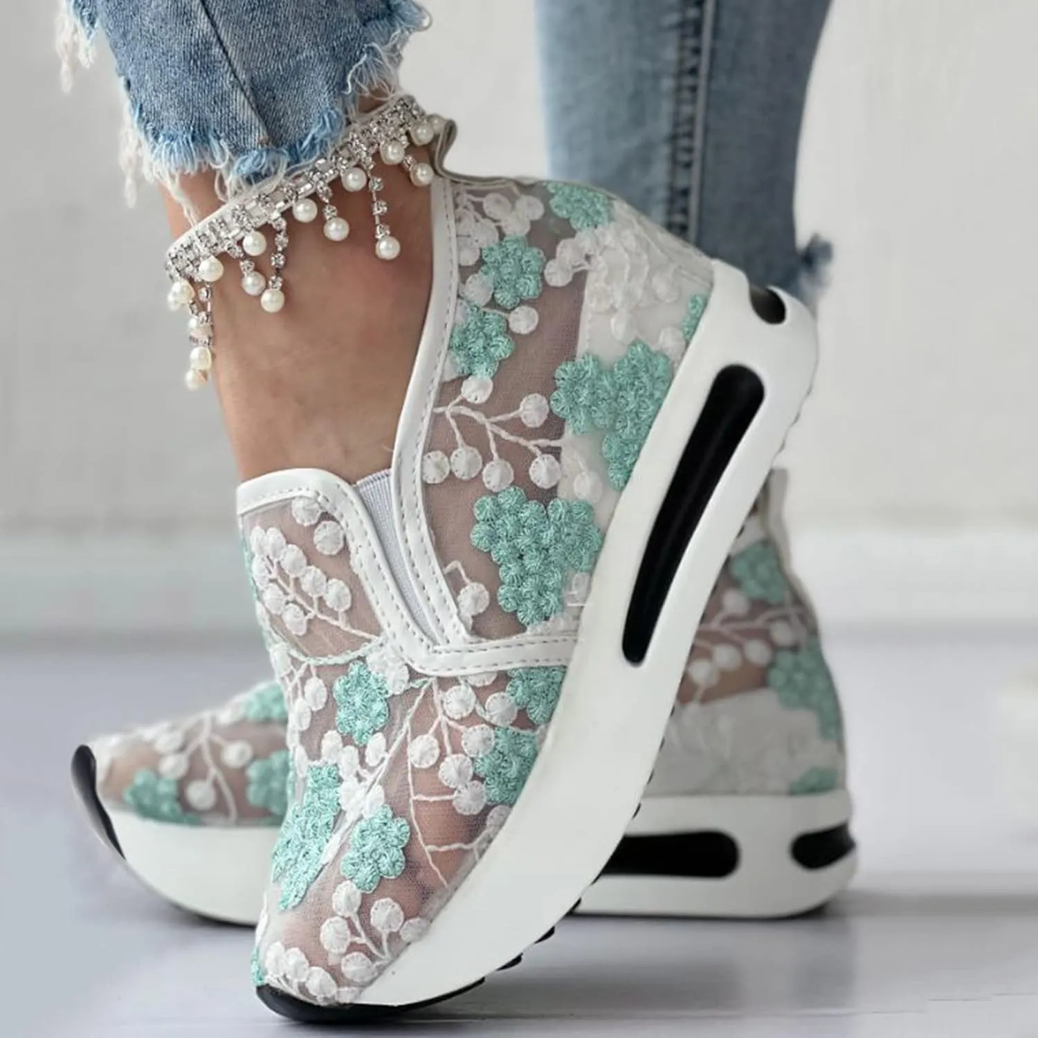 Walking Shoes Women Arch Support, Women Breathable Mesh Orthopedic Sneakers Wide Width Slip On Platform Sneakers Embroidery Comfortable Work Shoes for Plantar Fasciitis
