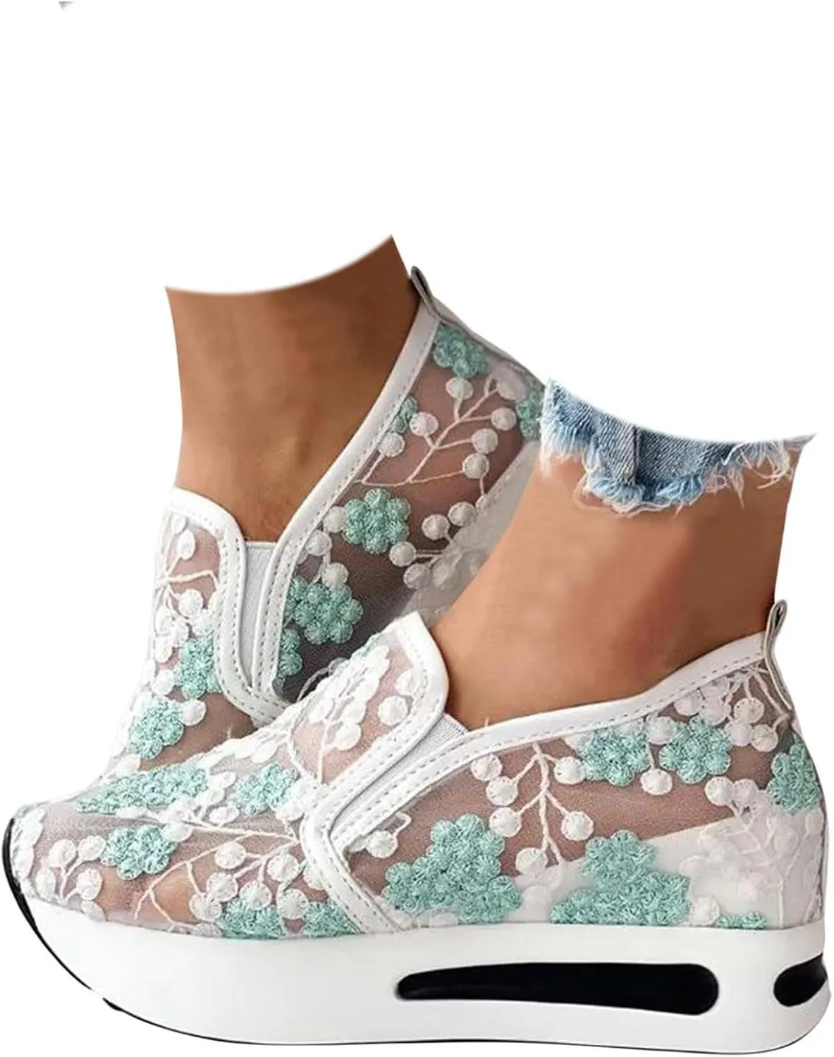 Walking Shoes Women Arch Support, Women Breathable Mesh Orthopedic Sneakers Wide Width Slip On Platform Sneakers Embroidery Comfortable Work Shoes for Plantar Fasciitis
