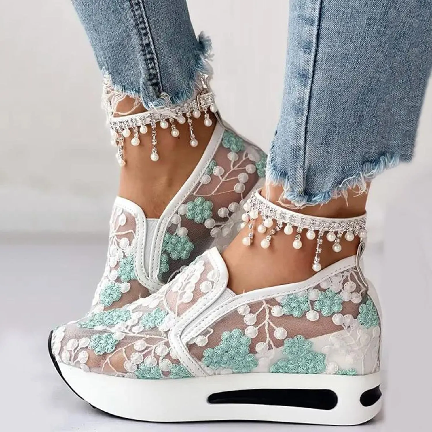 Walking Shoes Women Arch Support, Women Breathable Mesh Orthopedic Sneakers Wide Width Slip On Platform Sneakers Embroidery Comfortable Work Shoes for Plantar Fasciitis