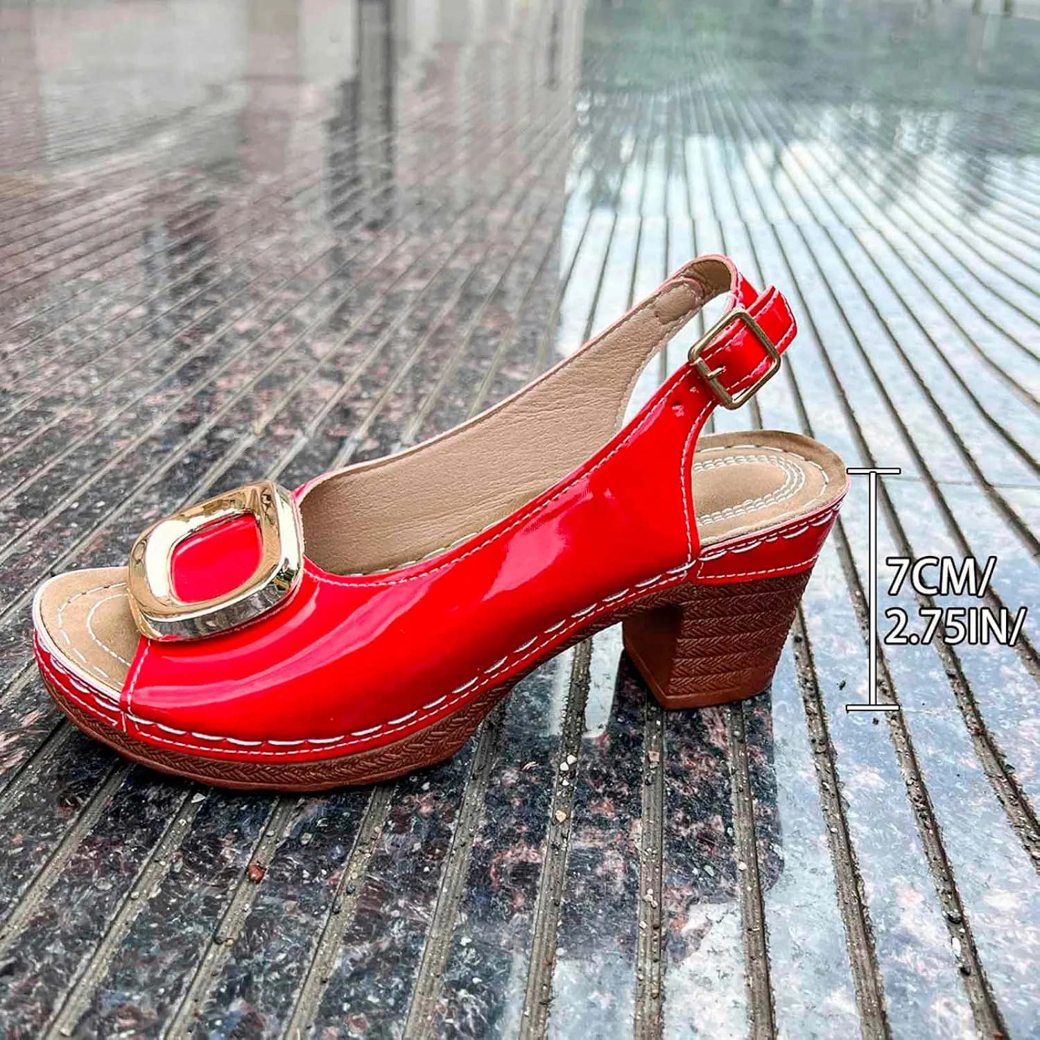 Women's Chunky Heel Sandals Square Toe Slingback Comfortable Leather Insole Adjustable Strap Casual Summer Shoes