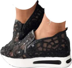 Women's Fashion Sneakers Dressy ，Floral Embroidery Breathable Sheer Mesh Wedge Sneakers Platform Casual Sneakers Lace up Walking Shoes