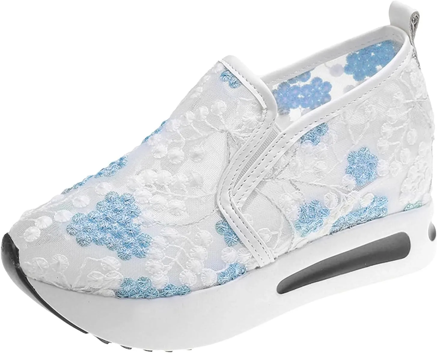 Women's Fashion Sneakers Dressy ，Floral Embroidery Breathable Sheer Mesh Wedge Sneakers Platform Casual Sneakers Lace up Walking Shoes