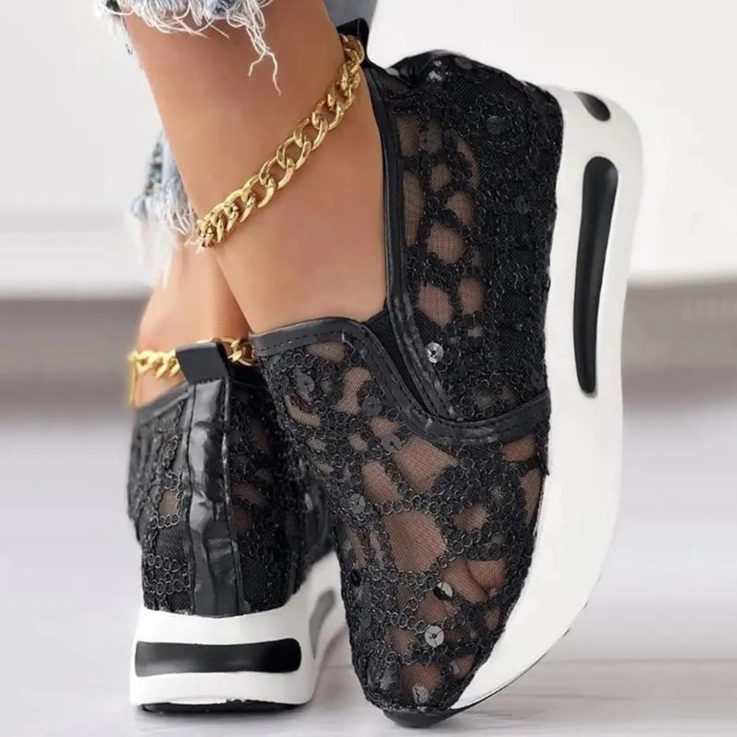 Women's Fashion Sneakers Dressy ，Floral Embroidery Breathable Sheer Mesh Wedge Sneakers Platform Casual Sneakers Lace up Walking Shoes