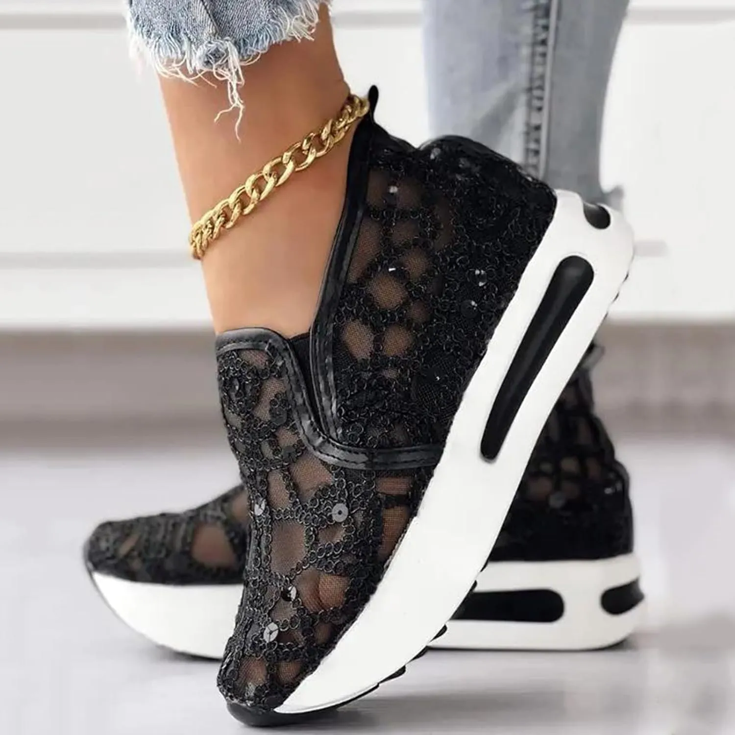 Women's Fashion Sneakers Dressy ，Floral Embroidery Breathable Sheer Mesh Wedge Sneakers Platform Casual Sneakers Lace up Walking Shoes
