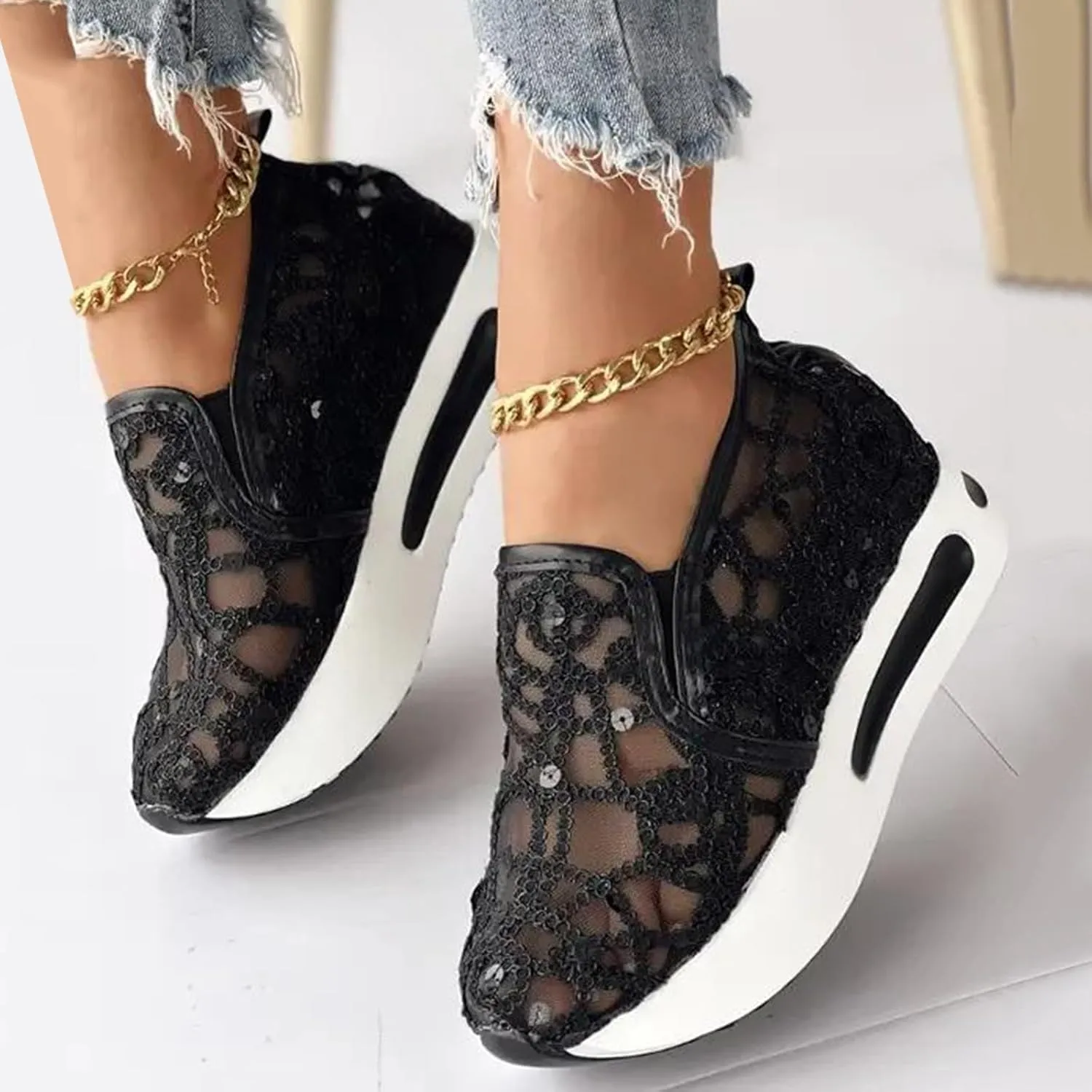 Women's Fashion Sneakers Dressy ，Floral Embroidery Breathable Sheer Mesh Wedge Sneakers Platform Casual Sneakers Lace up Walking Shoes
