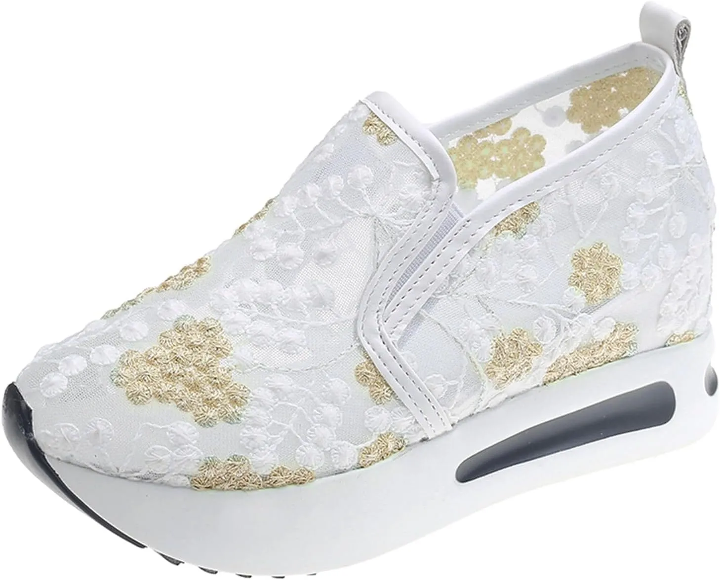 Women's Fashion Sneakers Dressy ，Floral Embroidery Breathable Sheer Mesh Wedge Sneakers Platform Casual Sneakers Lace up Walking Shoes