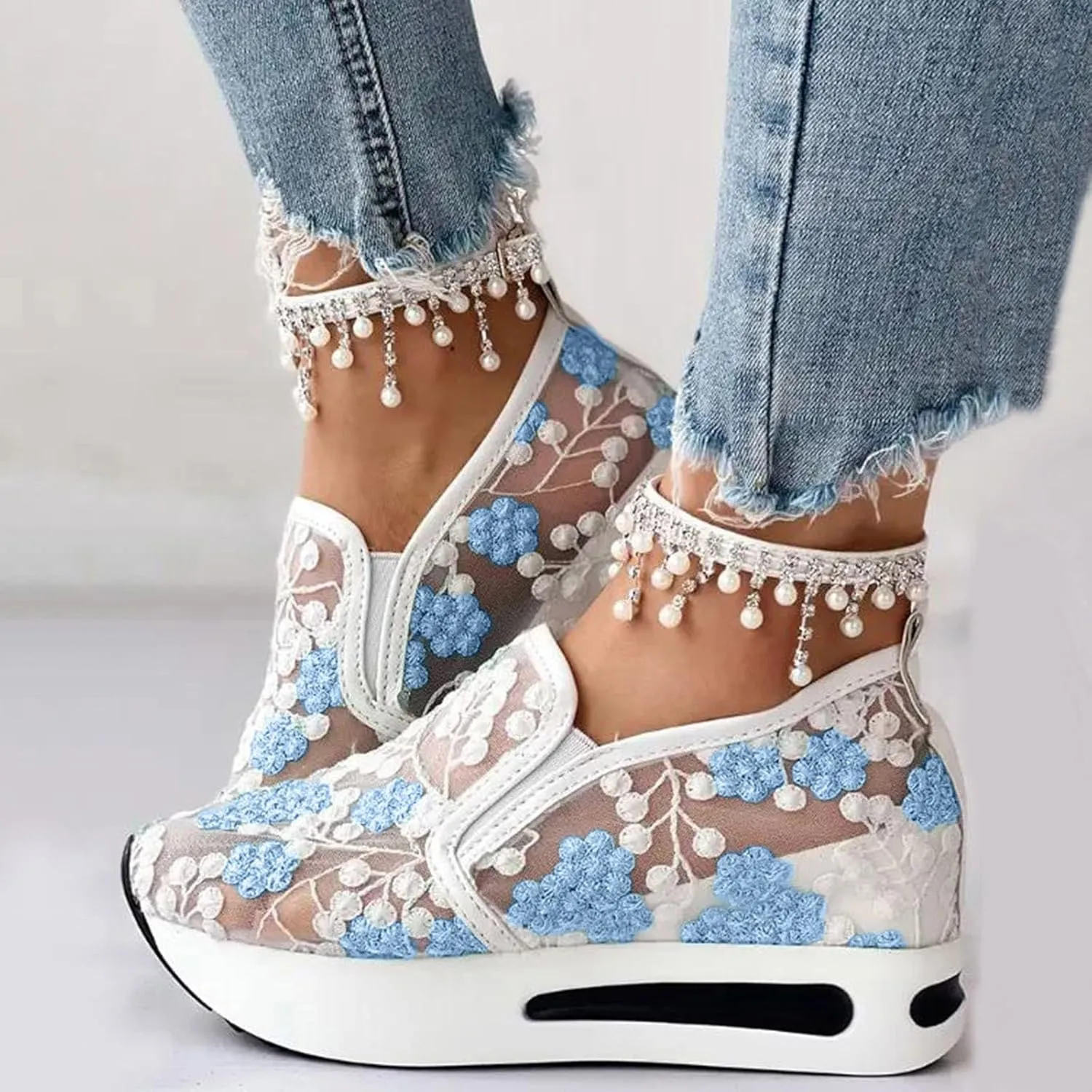 Women's Fashion Sneakers Dressy ，Floral Embroidery Breathable Sheer Mesh Wedge Sneakers Platform Casual Sneakers Lace up Walking Shoes