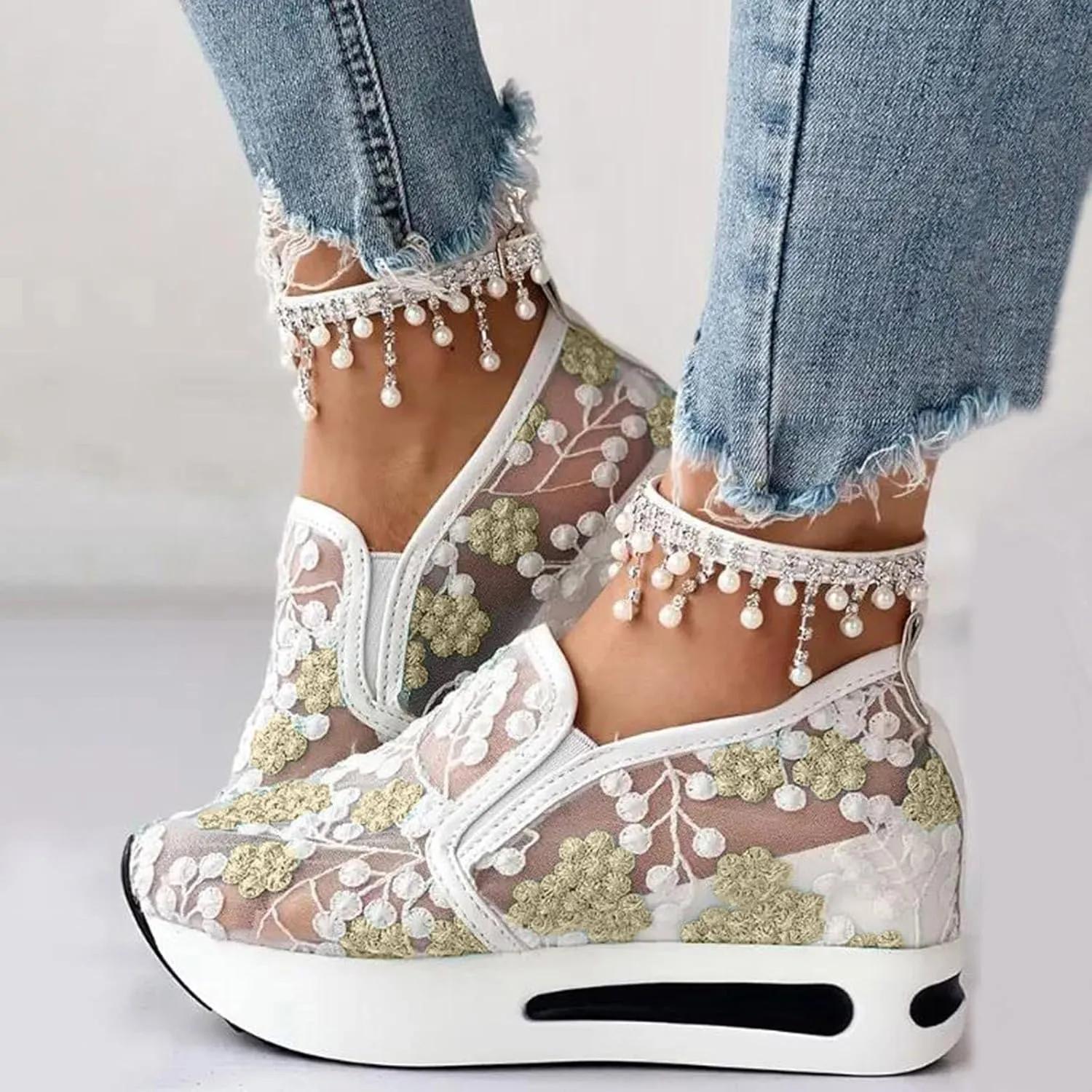 Women's Fashion Sneakers Dressy ，Floral Embroidery Breathable Sheer Mesh Wedge Sneakers Platform Casual Sneakers Lace up Walking Shoes