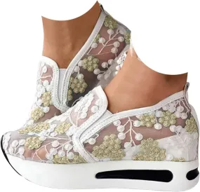 Women's Fashion Sneakers Dressy ，Floral Embroidery Breathable Sheer Mesh Wedge Sneakers Platform Casual Sneakers Lace up Walking Shoes