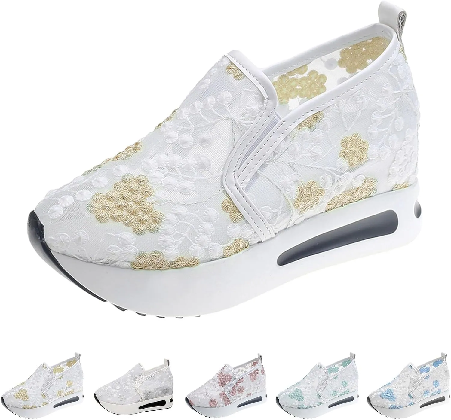 Women's Fashion Sneakers Dressy ，Floral Embroidery Breathable Sheer Mesh Wedge Sneakers Platform Casual Sneakers Lace up Walking Shoes