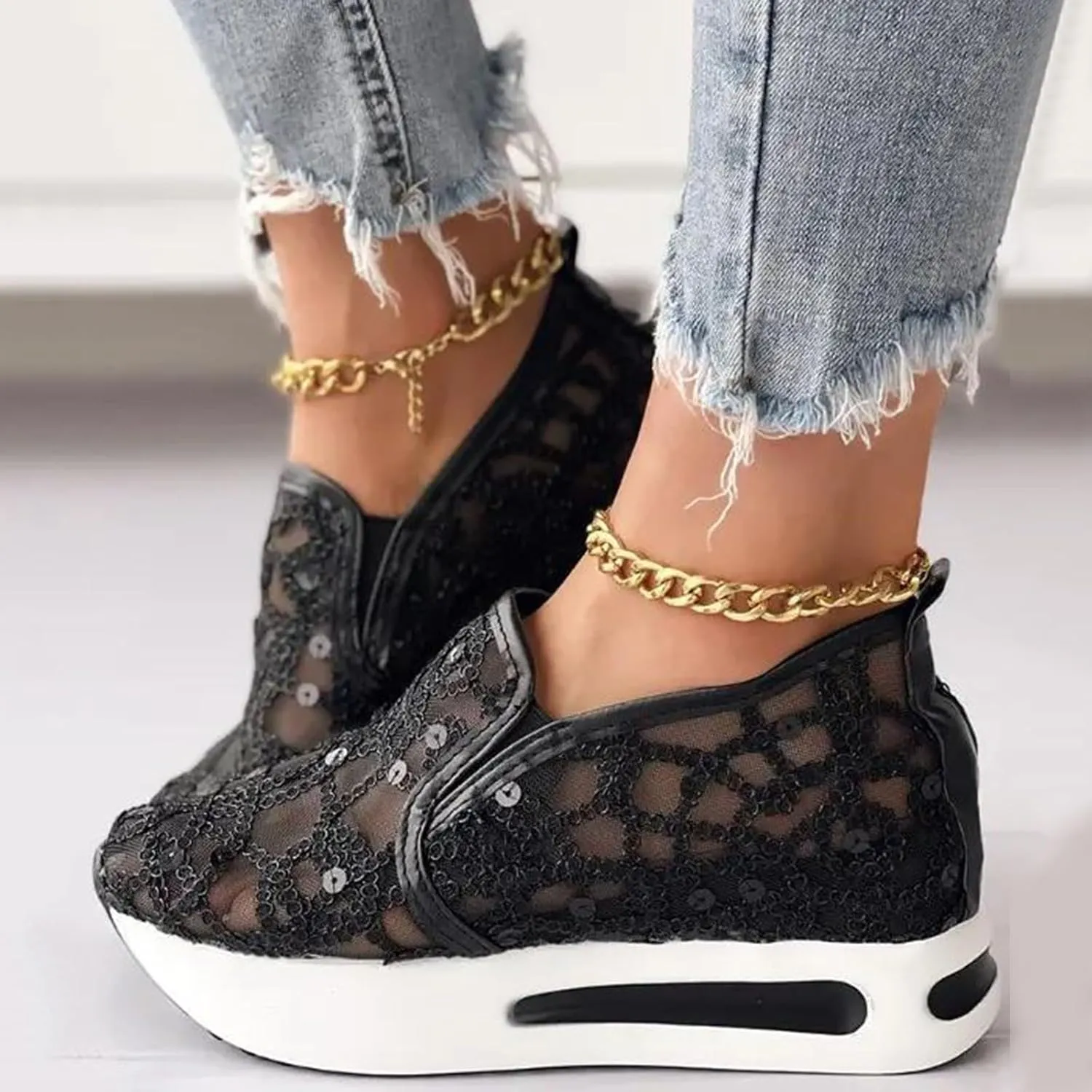 Women's Fashion Sneakers Dressy ，Floral Embroidery Breathable Sheer Mesh Wedge Sneakers Platform Casual Sneakers Lace up Walking Shoes