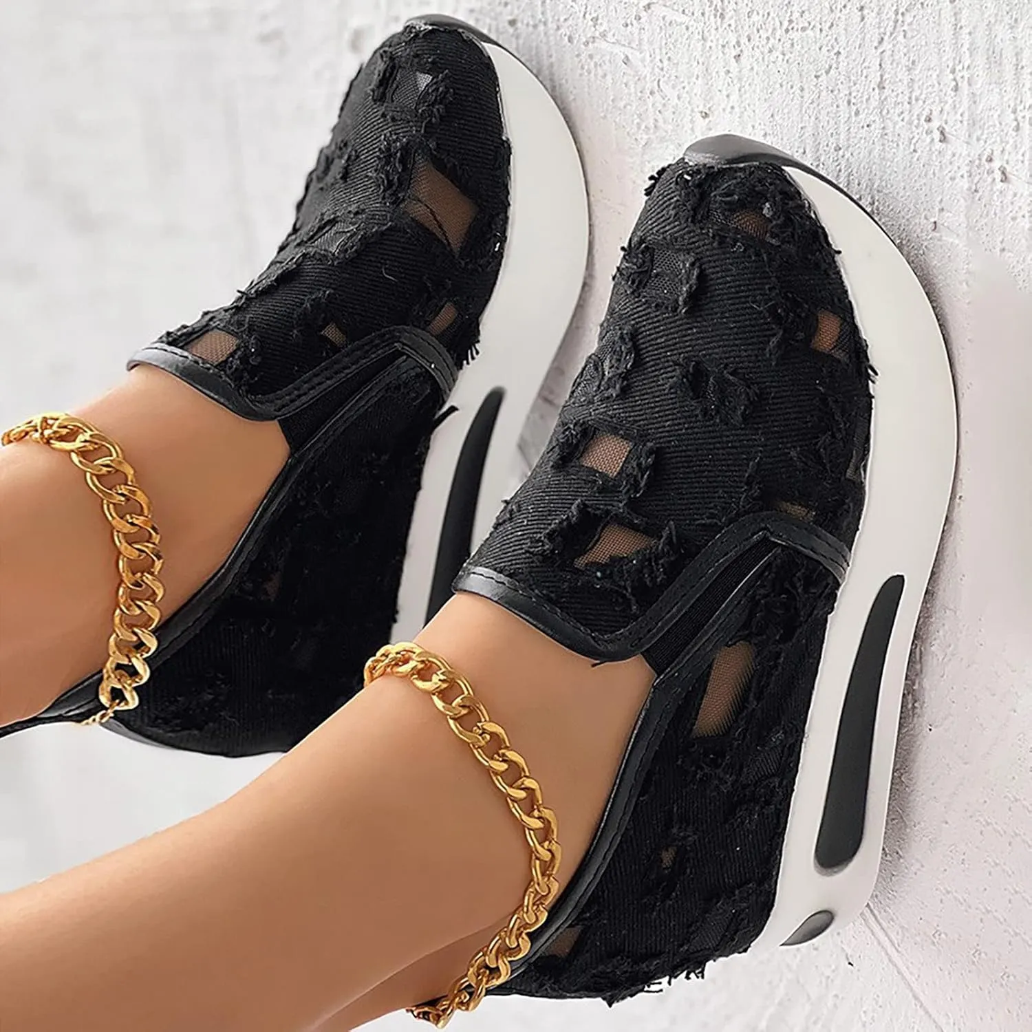 Women's Fashion Sneakers Dressy Floral Embroidery Sheer Mesh Lace Sneakers Platform Wedge Sneakers for Women Slip on Walking Shoes Lace up Sneakers Casual Shoes