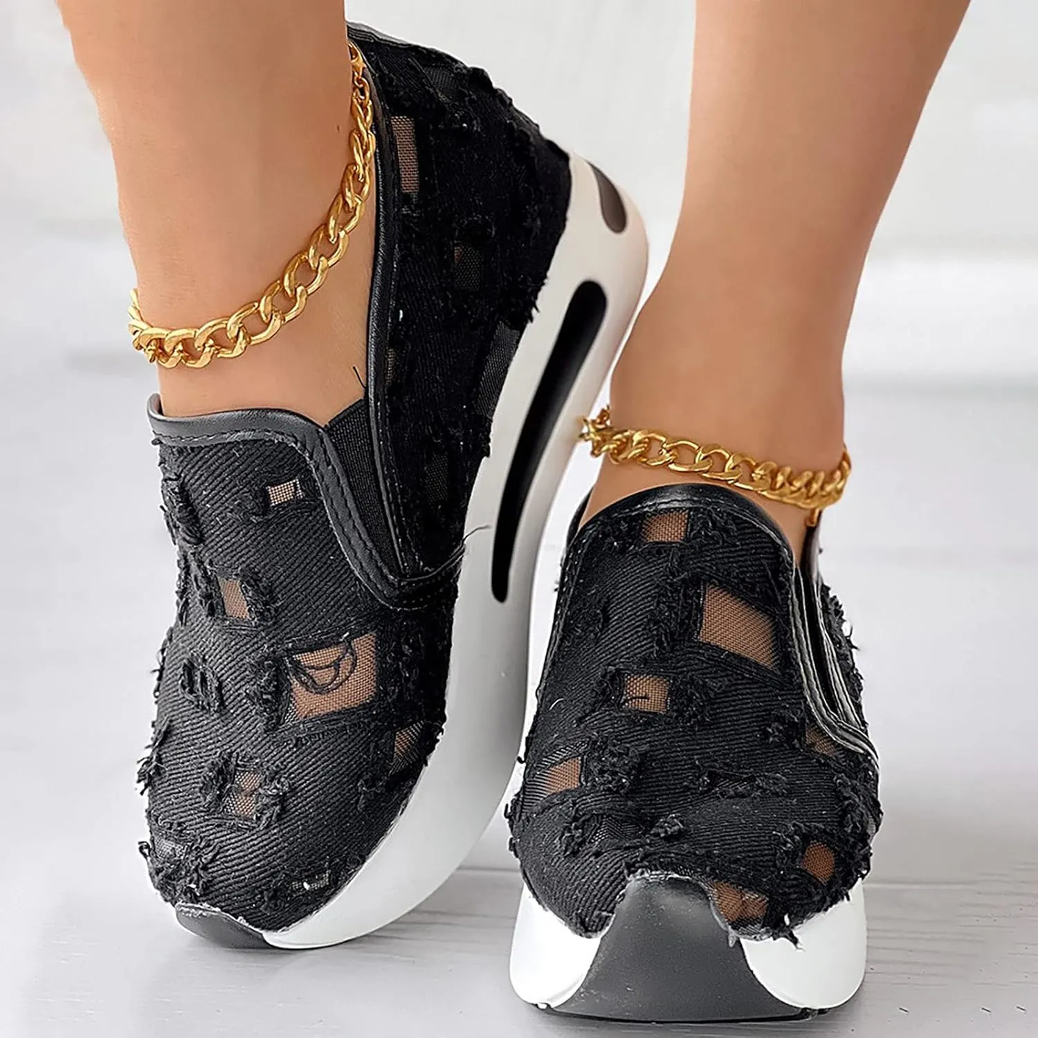 Women's Fashion Sneakers Dressy Floral Embroidery Sheer Mesh Lace Sneakers Platform Wedge Sneakers for Women Slip on Walking Shoes Lace up Sneakers Casual Shoes